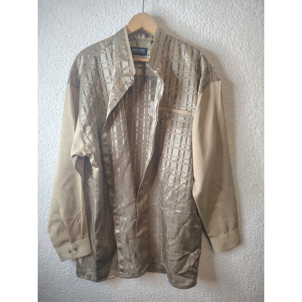 Montique International Mens XL Gold Tan Metallic Geometric Button Front Shirt